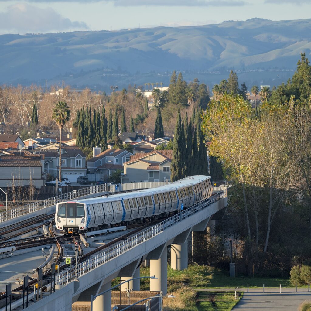BART train departing Berryessa station in San Jose
